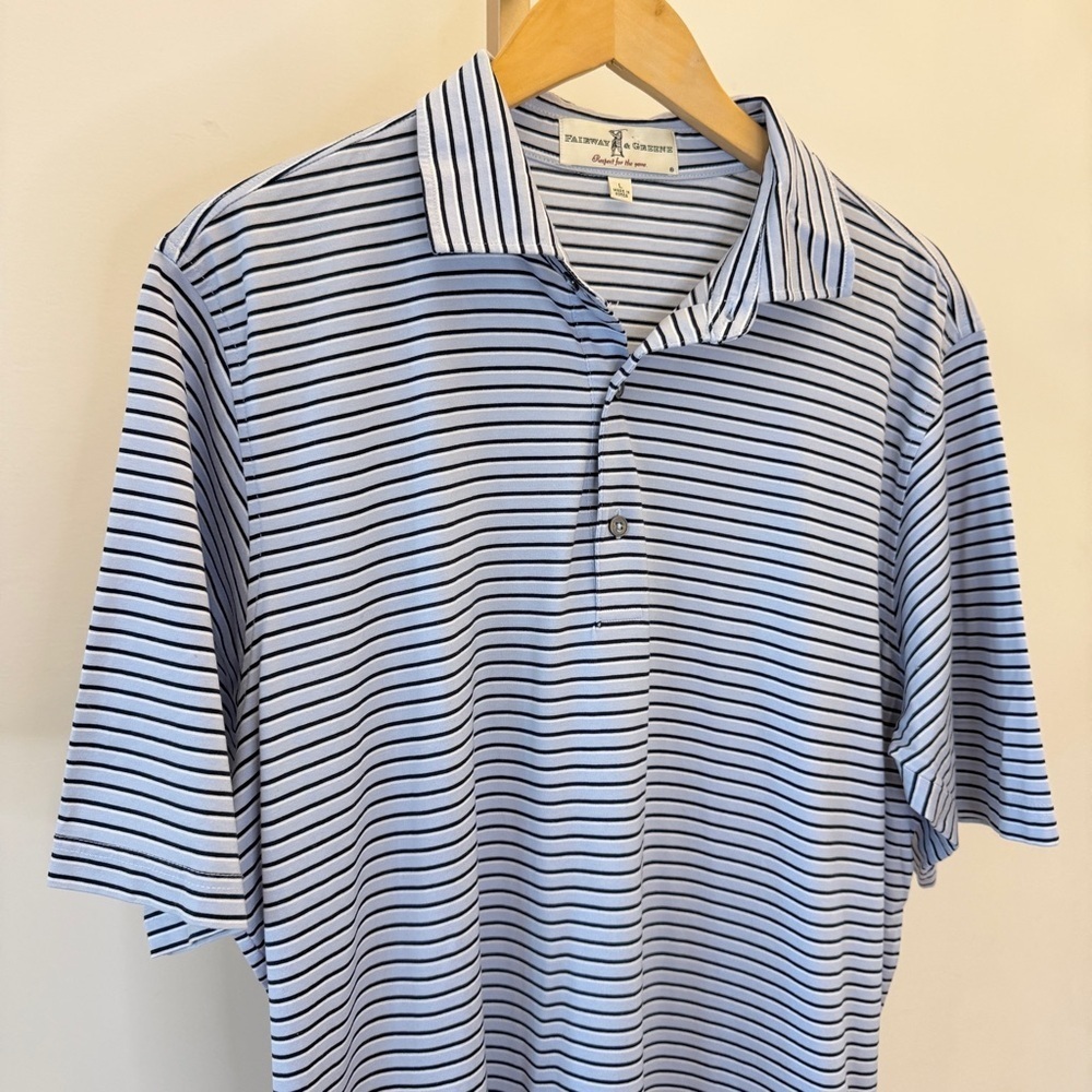 Fairway & Greene Men's Blue Striped Polo Shirt Size L Short Sleeve Casual